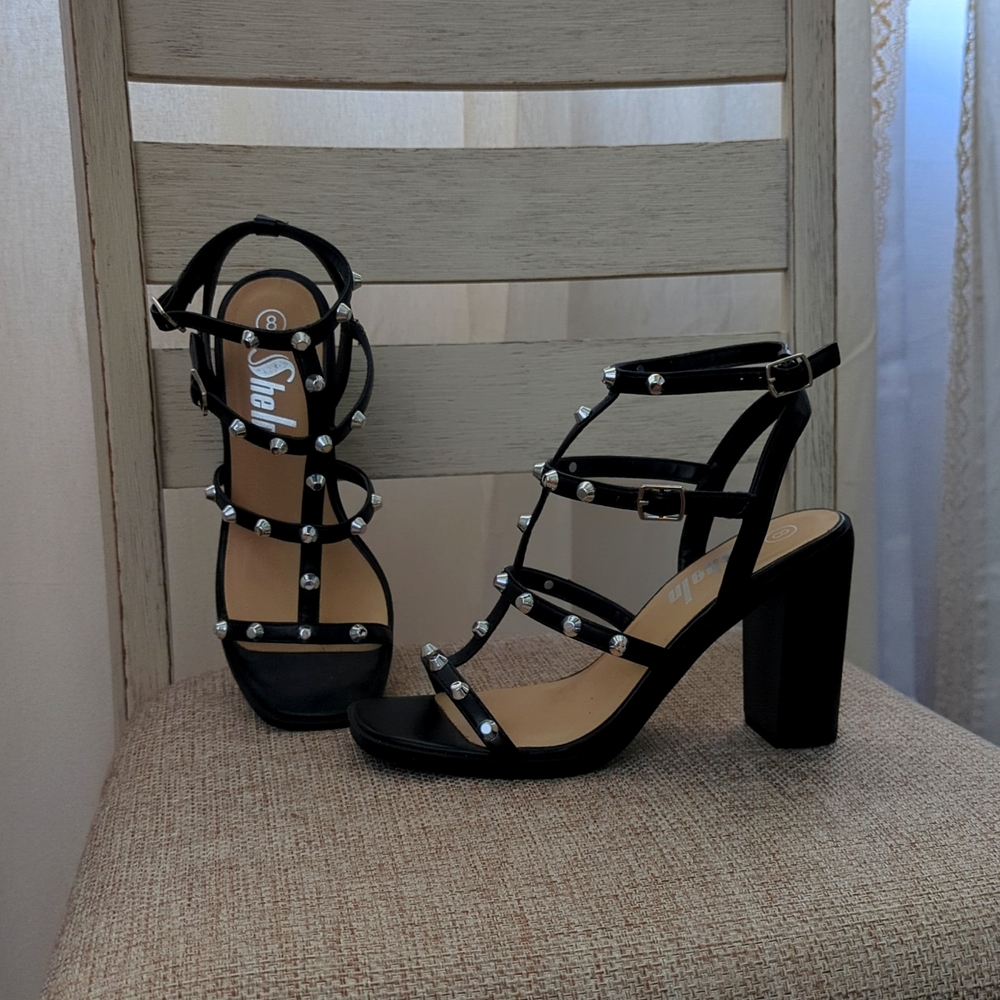Black Gladiator Studded Wooden Block Heels Size 8